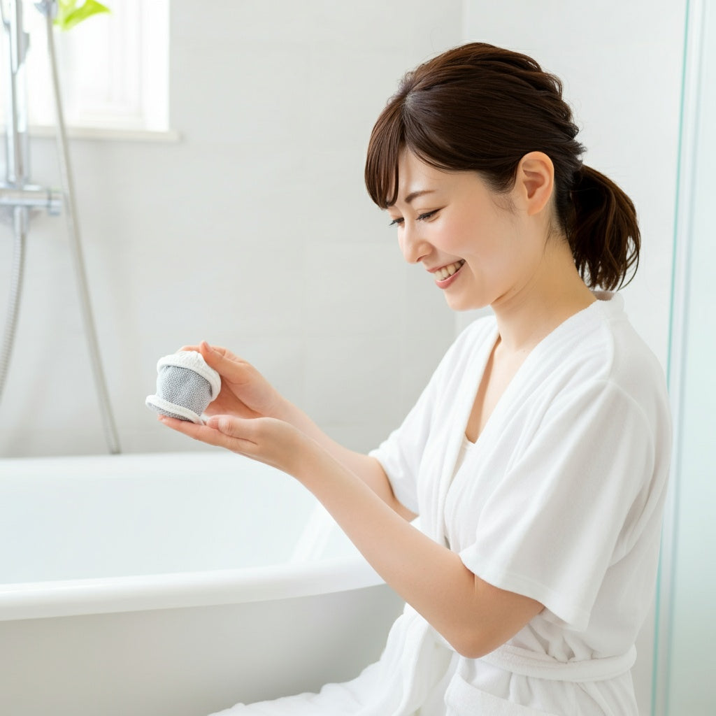 大切そうにバスグッズを手に持つ女性